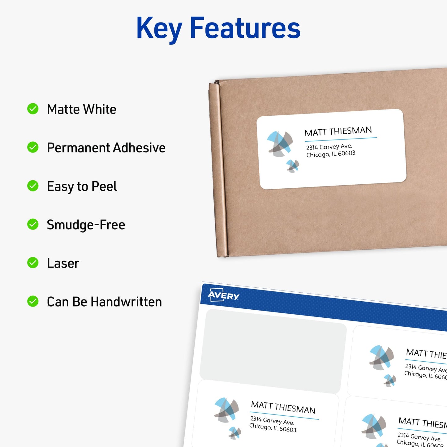 Avery Printable Shipping Labels with Sure Feed, 2" x 4" Customizable Stickers, White, 1,000 Blank Mailing Labels, Great for Mailing, Shipping, and More (5163)