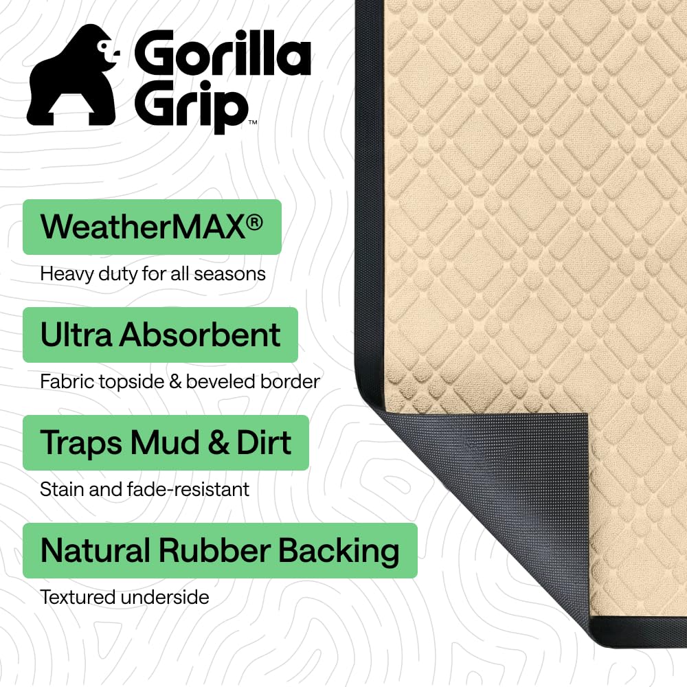 GORILLA GRIP 100% Waterproof All-Season WeatherMAX Doormat US Designed Natural Rubber, Stain and Fade Resistant, Low Profile Indoor Outdoor Door Mats, Easy Clean Patio Mat, 29x17, Modern Latte