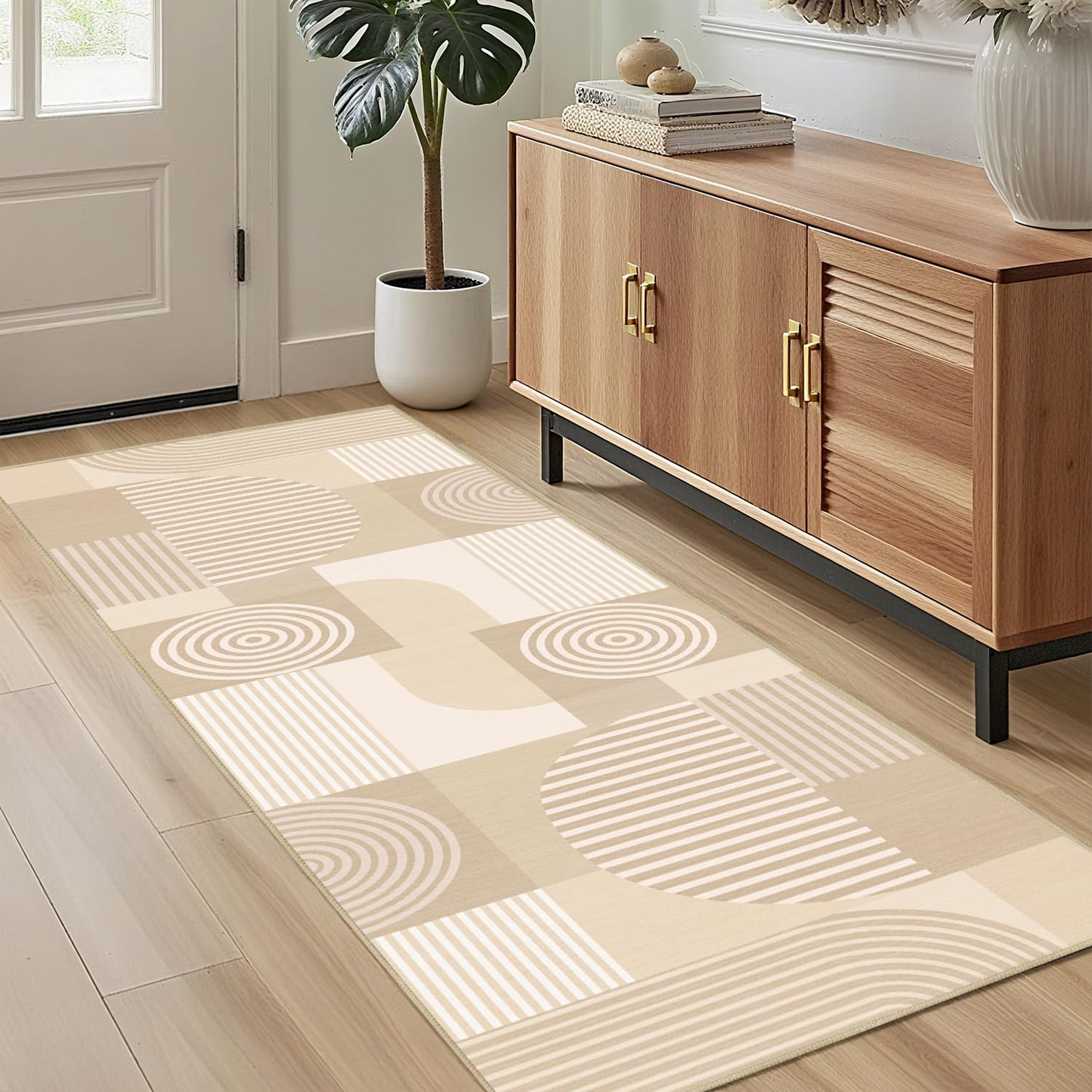 Glocmna Beige Geometric 2x6 Runner Rug for Hallway Kitchen Bedroom White Machine Washable Mid Century Modern Rug Non Slip Low Pile Minimalist Line Rugs Long Floor Mat Carpet for Bathroom Laundry,Beige