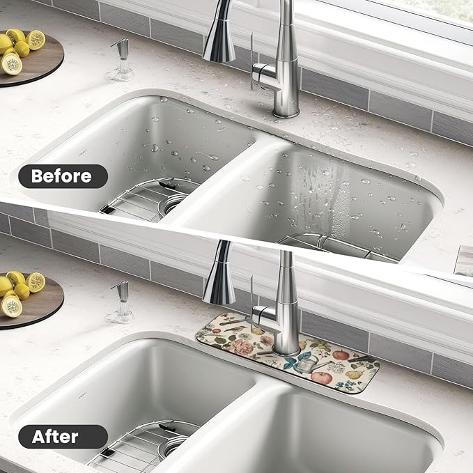 Faucet Draining Mat For Kitchen Sink, Roses Daisies Fruits Garden Diatom Mud
