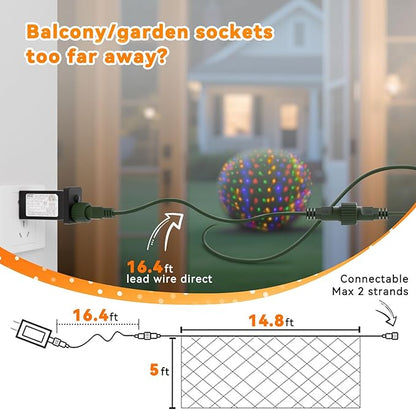 LitHome 14.8FT x 5FT Led Christmas Net Lights Outdoor, 300 LED Multicolor Christmas Net Lights for Bushes Connectable, 8 Modes Colorful Giant Mesh Light Green Wire for Yard, Garden, Party, Tree Decor