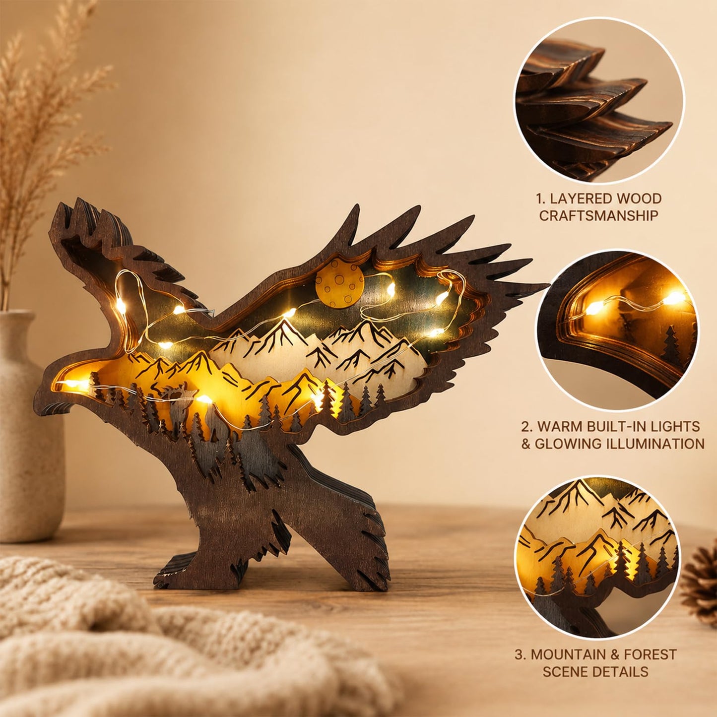 Drawelry 3D Wood Carving Animals Lamp Home Decorative, Cute Bear Family Elephant Presents Ideas Christmas Living Room Office Decor Warm LED Night Lights Gift for Friend Daughter Son Mom Dad (Eagle)