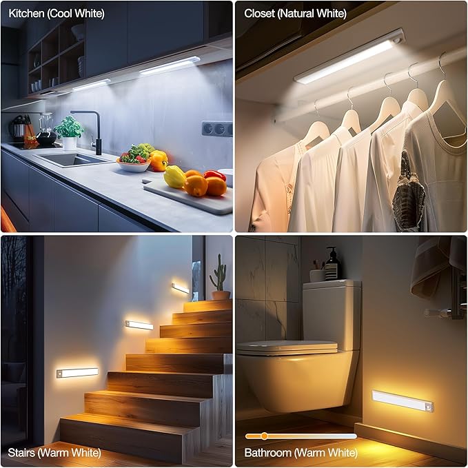 Under Cabinet Lighting, Rechargeable Battery Operated Motion Sensor Light Indoor with 3 Color Tempers Dimmable, Magnetic Closet Light, Wireless Under Counter Lights for Kitchen, Stairs, 6 Pack