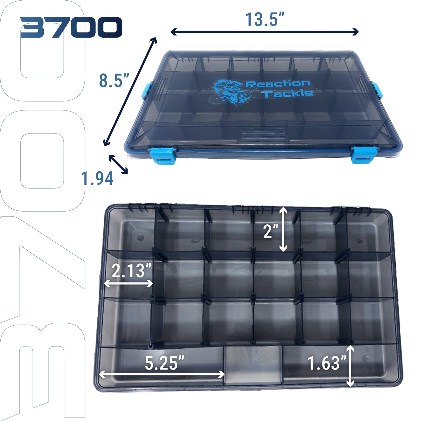 Reaction Tackle Standard Tackle Trays, Plastic Tackle Box Organizers with Four Secure Latches, Removable Dividers and Semi Transparent Lid for Fishing Storage - 3700 (4-Pack)