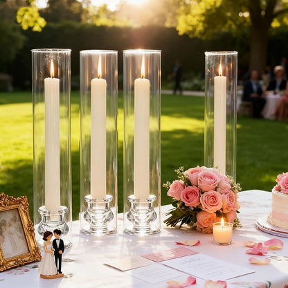 12 Set Hurricane Glass Candlestick Holders 12.6" Two Side Open Glass Candle Holders and 2.2" Taper Candlesticks Holder Bulk for Table Centerpiece Wedding Christmas Home Decor