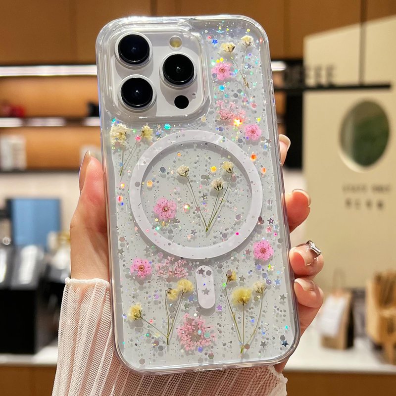 ASONCE Cute Real Flowers for iPhone 16 Pro Max Case [Compatible with MagSafe] Glitter Magnetic Cover with Pressed Dried Floral Women Girly Phone Case for iPhone 16 Pro Max 6.9" - Clear Sparkly