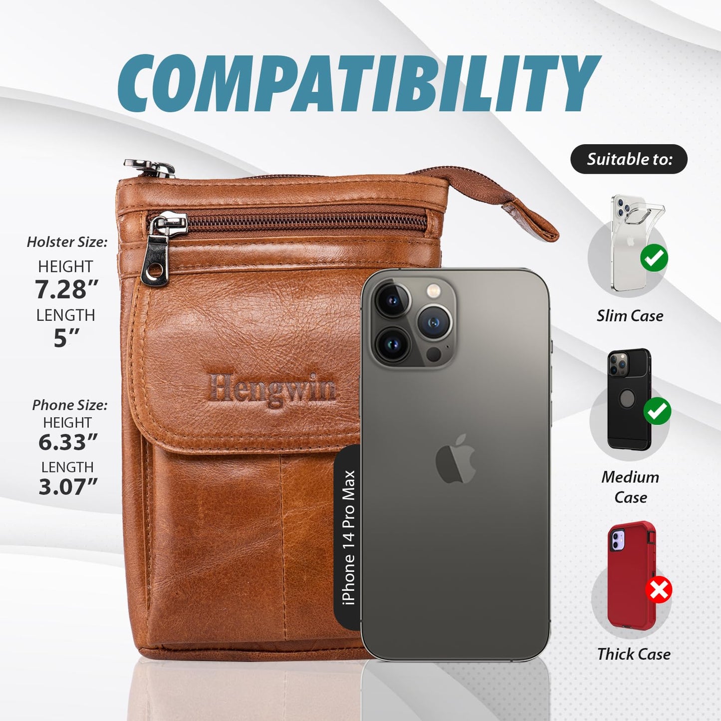 Hengwin Genuine Leather Cell Phone Holster Fit for iPhone 17 16 15 14 13 Pro Max Samsung Galaxy Note9 S24 S25 Ultra Wallet Case with Belt Clip Passport Pouch Small Crossbody Purse Shoulder Bag (Brown)