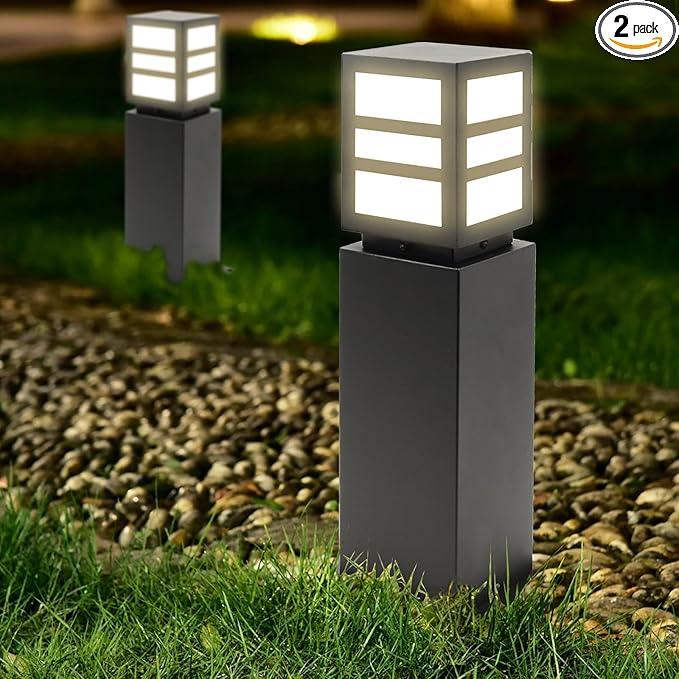 2Pack Landscape Path Lights 24" IP65 Waterproof Bollard Lights, Heavy Duty Steel Stable Widened Base E27 Lamp Holder, Modern Outdoor Path Lights Bollard for Lawn, Patio, Courtyard, Driveway, Oblong