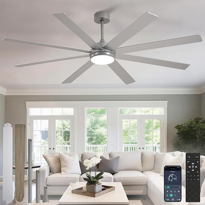Depuley 72" Ceiling Fans with Lights: Large Indoor/Outdoor Ceiling Fan for Patios Living Room - 8 Blades Silver Dimmable Ceiling Fans with Remote APP Control Timer Reversible Quiet DC Motor 6 Speeds