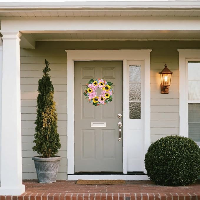 pring Wreath for Front Door, Bright Sunflowers & Mixed Flowers, Artificial Floral Wreath for Indoor & Outdoor Wall Decor, Lifelike Decoration for Home and Garden (18 inches)