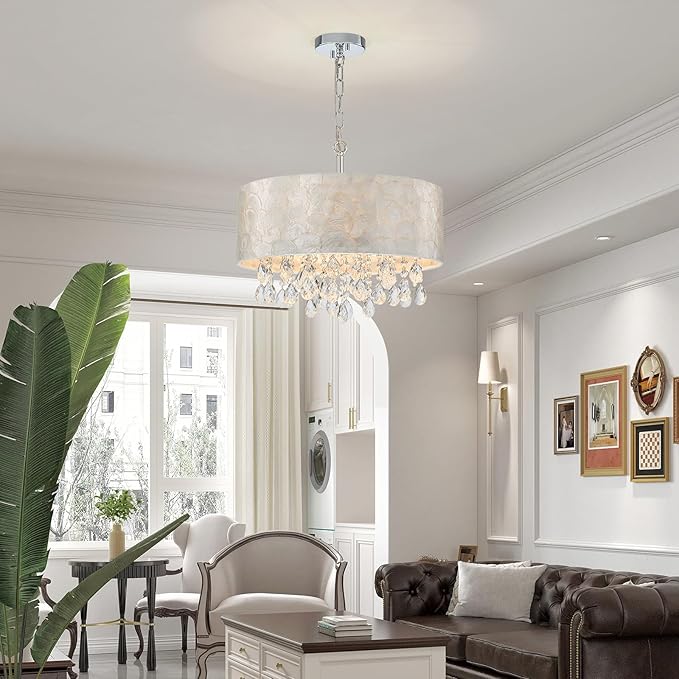 4-Lights Drum Capiz Shell Crystal Chandeliers, Coastal Style Pendant Light Fixture for Dining Room, Living Room, D18 x 21~68"(Adjustable), Shell Lampshade & Chrome Finish