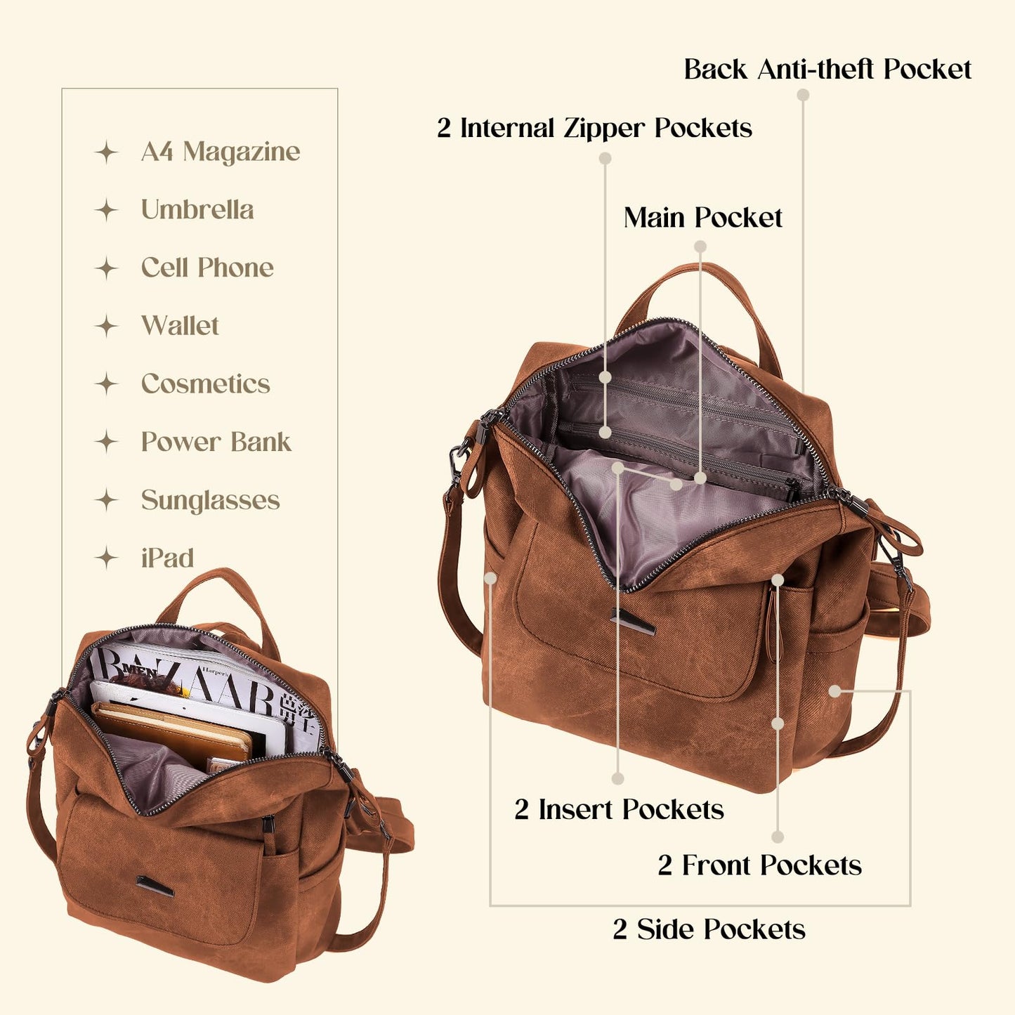 ROOSALANCE Backpack Purse for Women, Women Backpack Purse Small Leather Waterproof Anti-theft Shoulder Bags Handbags, Fashion Ladies Backpack for Daily Travel Work (Caramel)