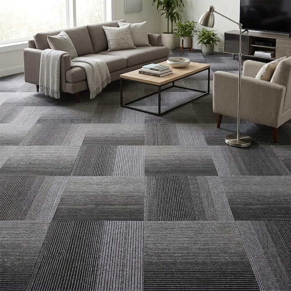 Petgrow Commercial Carpet Tiles, 24" x 24" Squares, 18 Tiles,Non-Slip Soft Floor Carpet for Office, Bedroom, Living Room, Kitchen (1, Irregular Gradient Grey)