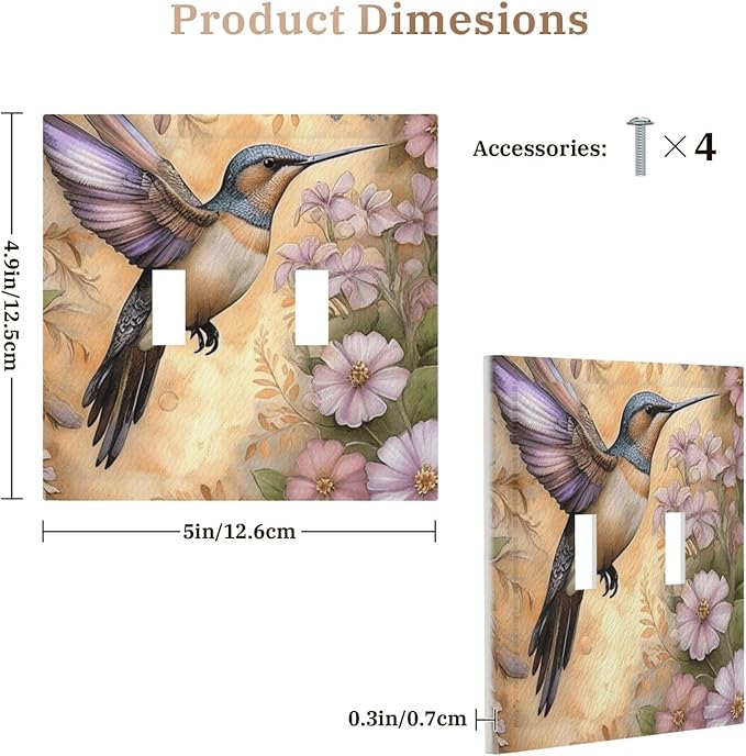 Decorative Art Light Switch Covers Blossom & Hummingbird 2 Gang Double Toggle Wall Plate Decorative Switchcover Electrical Switchplate for Home Decor