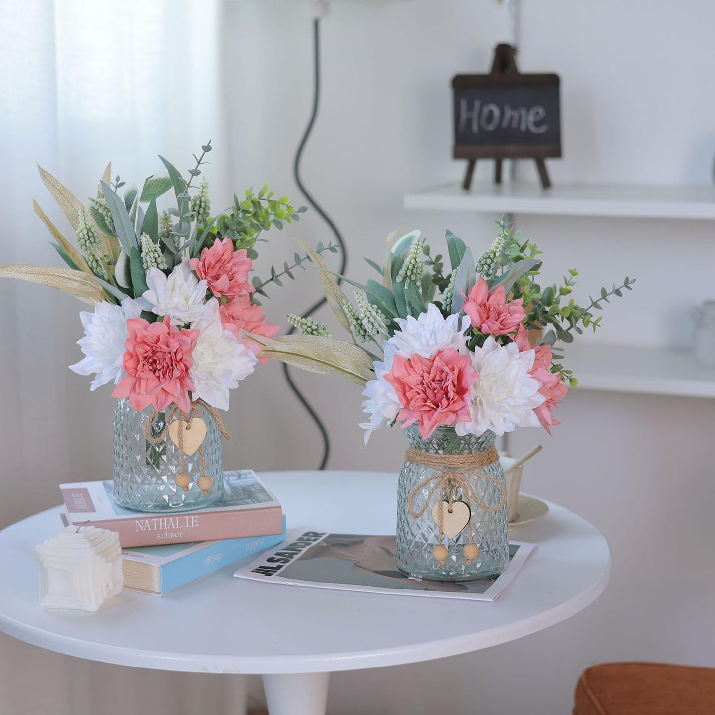 Faux Flowers with Vase,Artificial Silk Flowers in Vase, Fake Plant Eucalyptus and Willow,Flower Arrangement for Home Farmhouse Dining Table Centerpiece Decorations Coffee Table Decor (Dusty Pink)