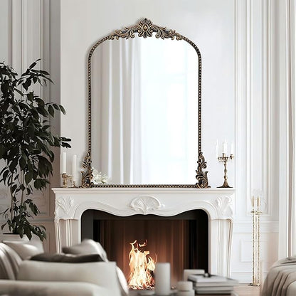 Growsun Vintage Black Arched Mirror, 24’’x36’’ Antique Baroque Ornate Wall Mirror Decor with Full Metal Frame for Fireplace/Entryway/Living Room/Bathroom