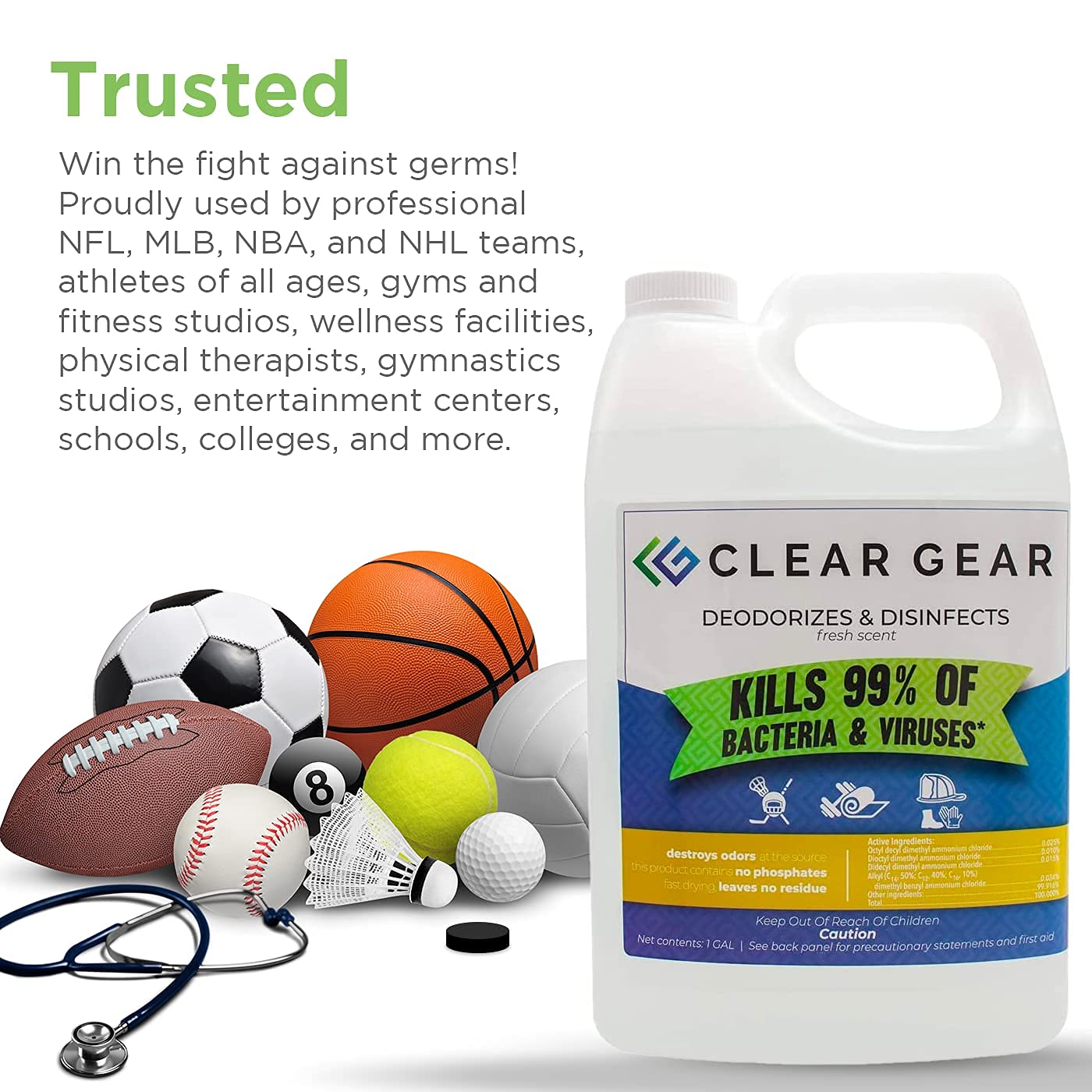Clear Gear - Disinfectant, Cleaner, and Deodorizer for Sports Equipment, Gyms, and Fitness Centers - EPA-Registered, Hospital Grade, Made in USA - 1 Gallon Bottle