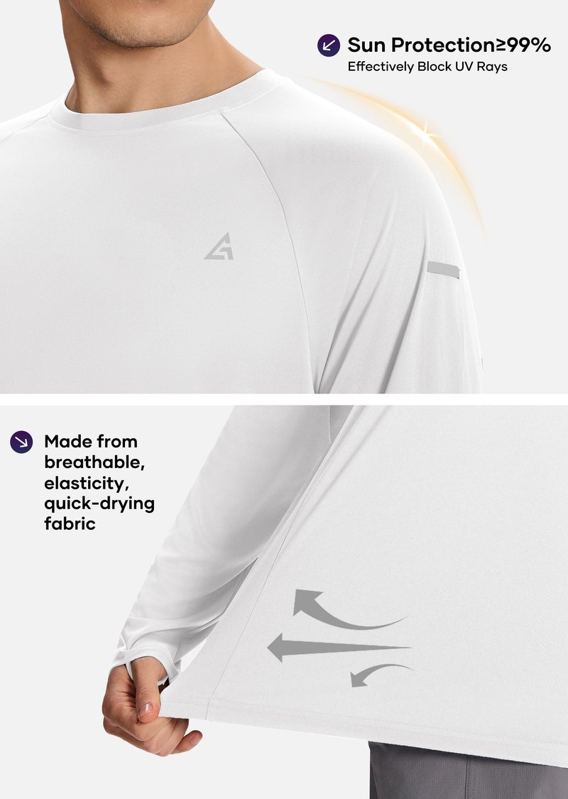 Men’s Sun Protection Shirts UPF 50+ Long Sleeve UV Shirt Rash Guard for Men Quick Dry Swim Fishing Beach Athletic White