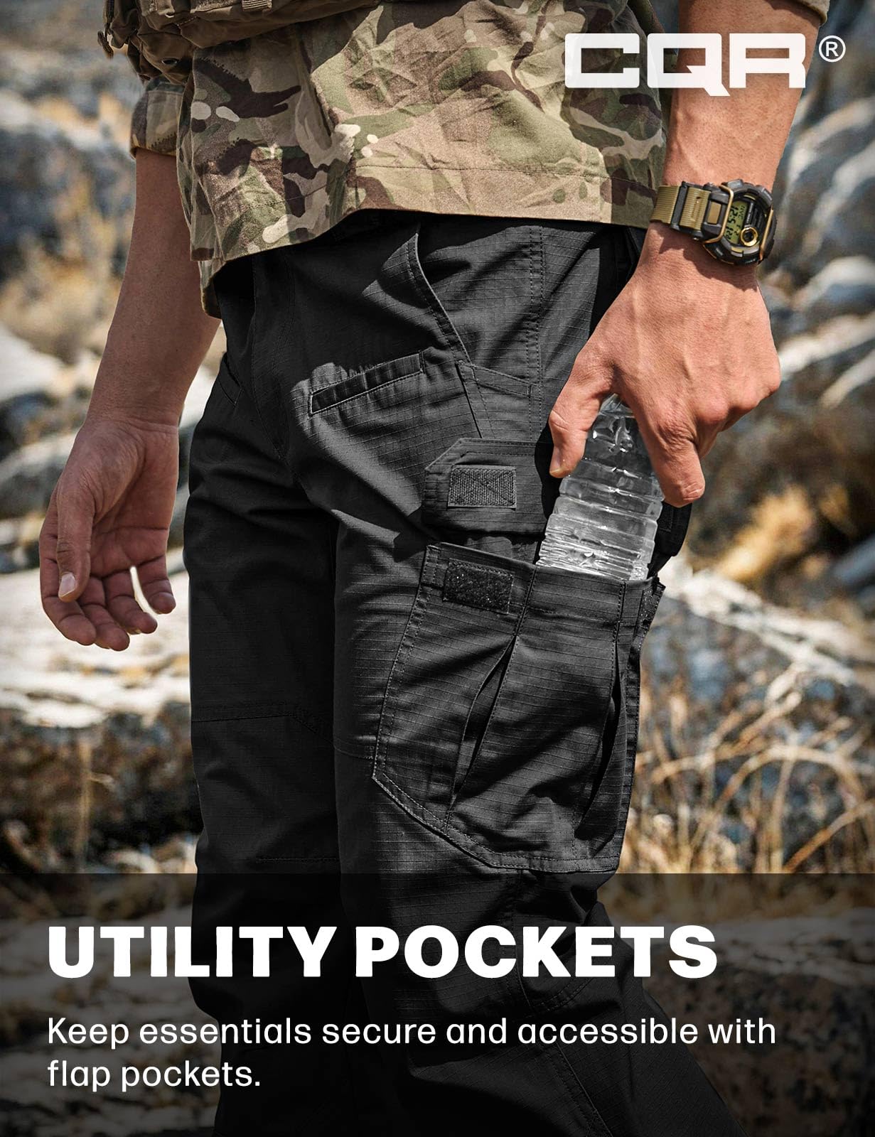 CQR Men's Tactical Pants, Water Resistant Ripstop Cargo Pants, Lightweight EDC Work Hiking Pants, Outdoor Apparel, Raider Black, 28W x 30L