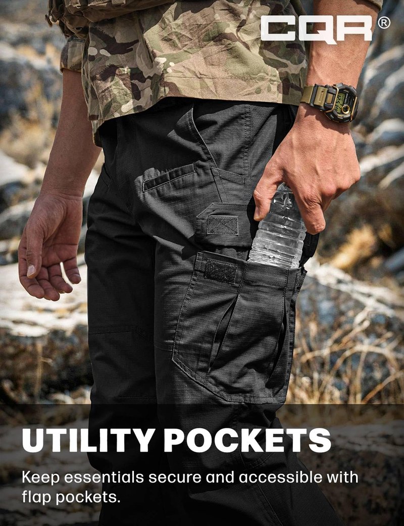 CQR Men's Tactical Pants, Water Resistant Ripstop Cargo Pants, Lightweight EDC Work Hiking Pants, Outdoor Apparel, Raider Black, 40W x 32L