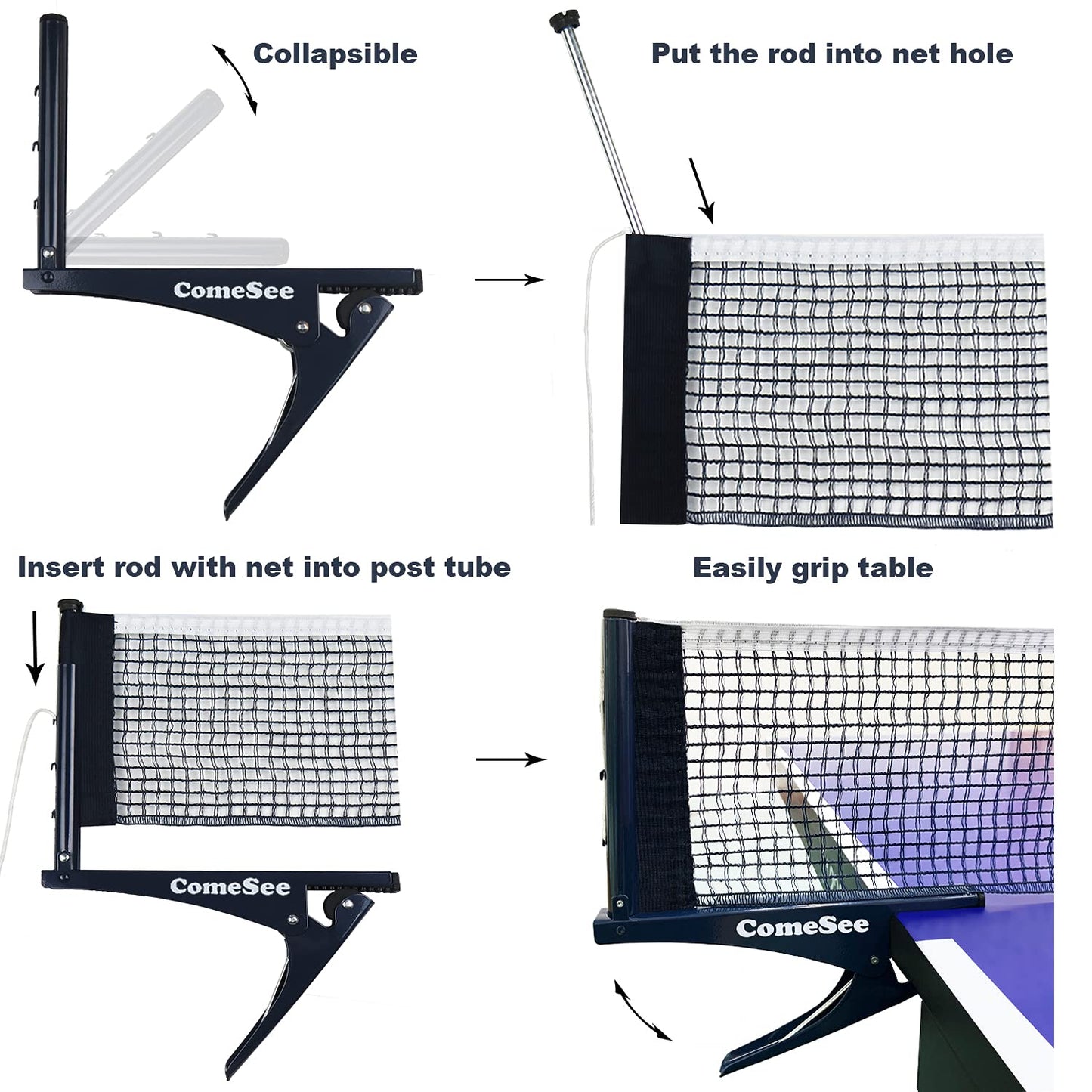 Comesee Kioos Collapsible Table Tennis Net Professional Steel Pingpong Net Clip Grip Mesh Training Competition Portable Tension Adjustable Post (Navy)