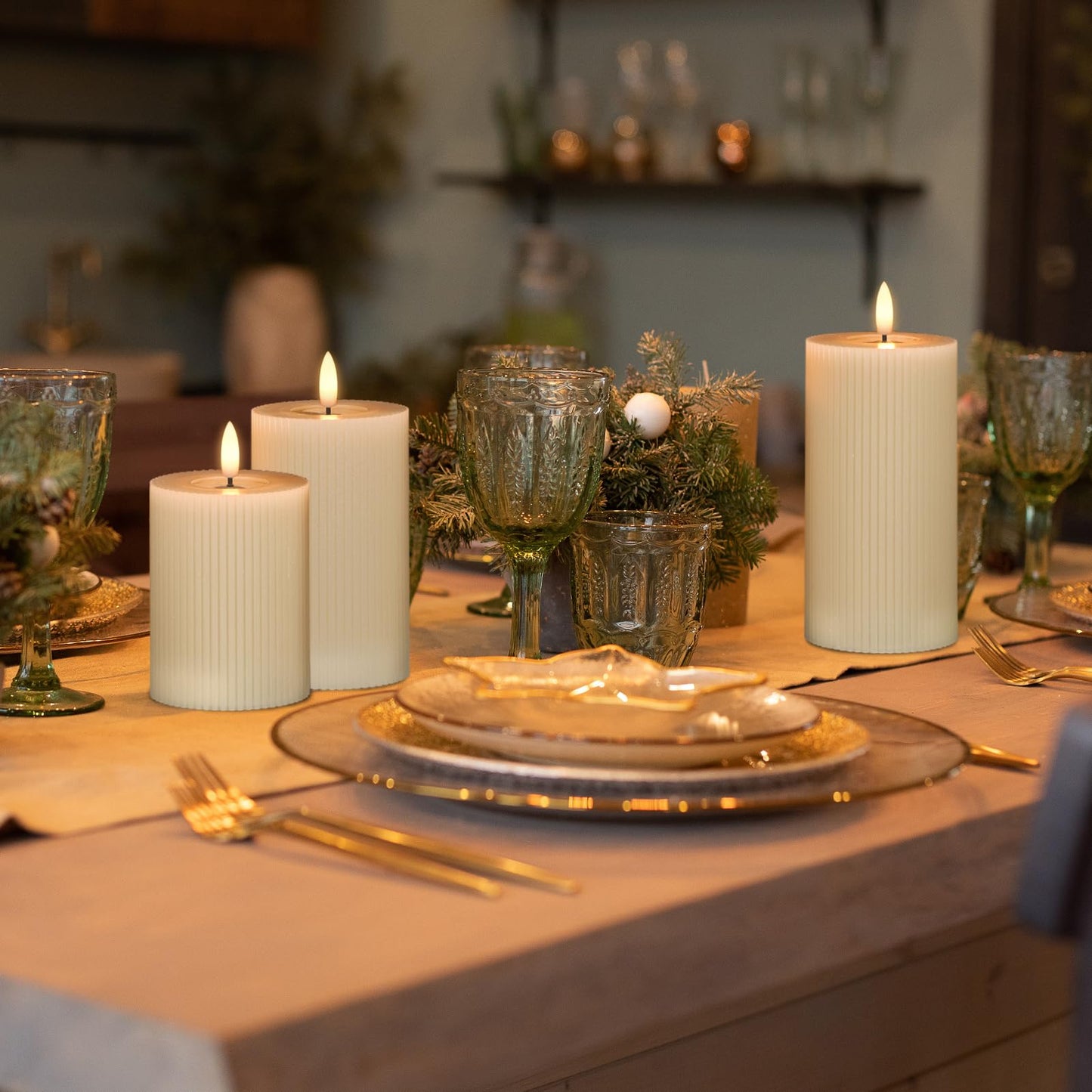Eldnacele Vertical Stripe Pillar Flameless Candles with 6 Hours Timer, Battery Operated 3D Wick Flickering Warm Lights Real Wax Gray LED Candles Dinner Indoor Holiday Christmas Decor(3Pcs,3"×5"/6"/7")
