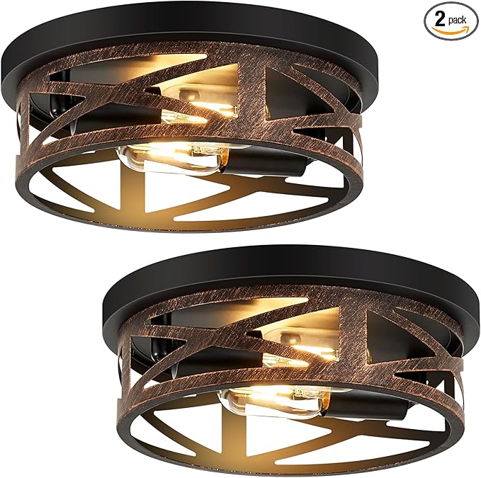 Flush Mount Ceiling Light Fixture,Vintage Metal Black 2-Light Hallway Light Fixtures Ceiling,Rustic Retro Light Fixtures Ceiling Mount for Farmhouse,Kitchen,Hall (2 Pack)