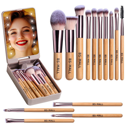 BS-MALL Travel Makeup Brush Set Foundation Powder Concealers Eye Shadows Makeup Set with LED light Mirror 14 Pcs (Green)