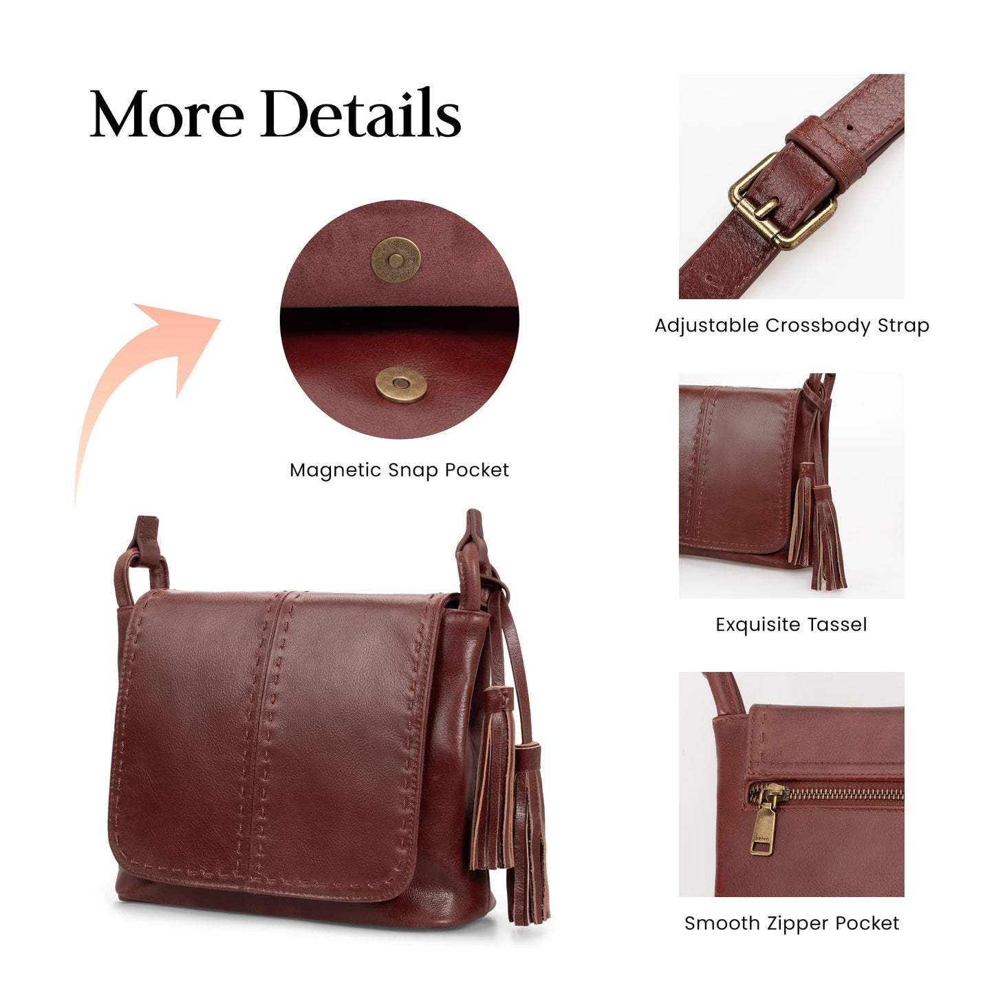 befen Genuine Leather Purses for Women Medium Brown Vintage Purse RFID Crossbody Bag for Travel Soft Real Leather Crossbody Bags Trendy Women's Shoulder Handbags with Adjustable Strap