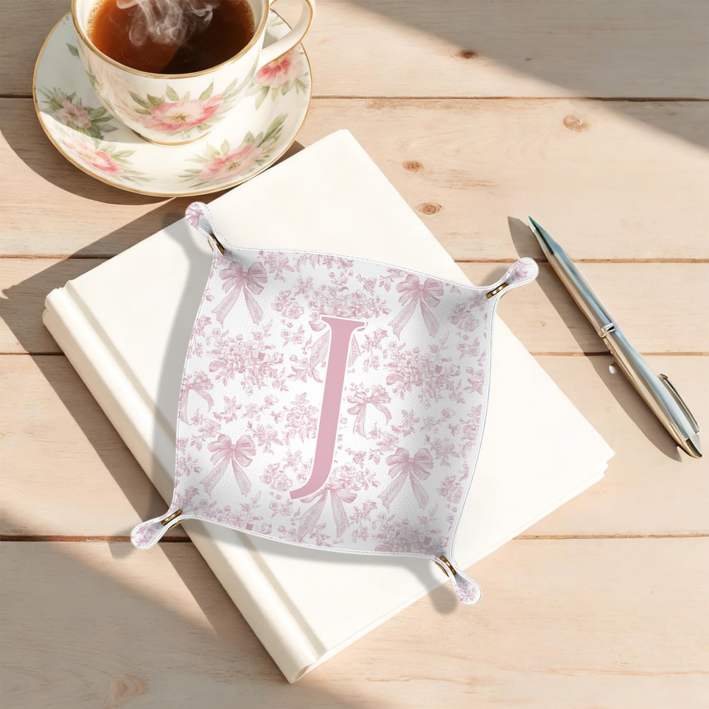 Dilemat Gifts for Women Initial Valet Tray,Pink Bow Personalized Gifts for Women Mom Grandma Girlfriend,Nightstand Desk Accessories PU Leather Tray Organizer for Birthday Christmas Gift Ideas (J)
