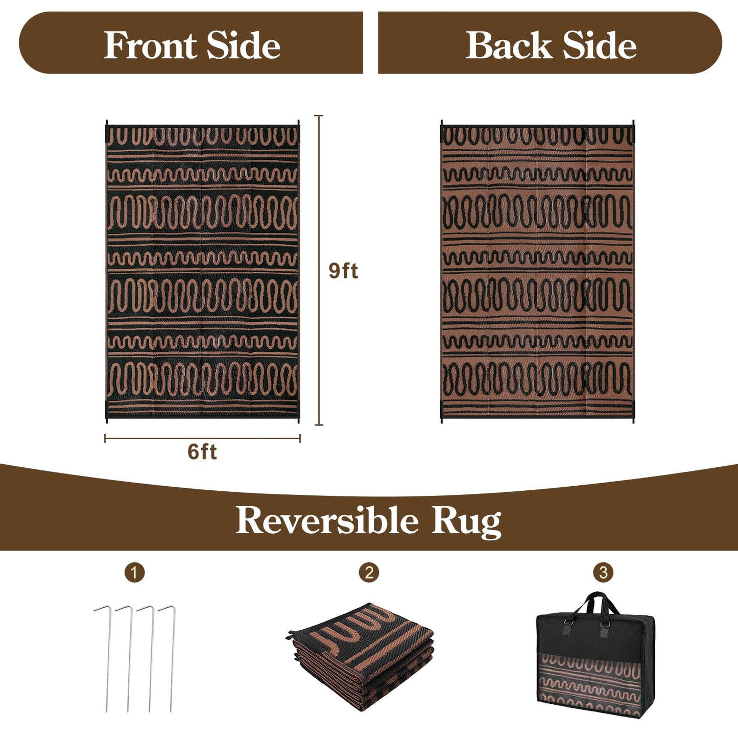 Beeiva Outdoor Rug 8x10 Waterproof for Patio, Reversible Plastic Straw Rug for Deck, Backyard, RV Camping, Black Brown