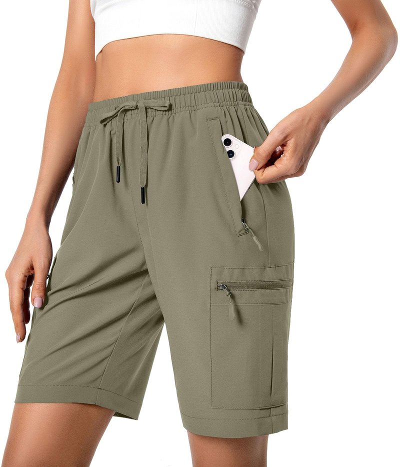 Hugut Women's Lightweight Hiking Cargo Shorts Quick Dry Athletic Shorts for Camping Travel Golf with Zipper Pockets Water Resistant Slate Green