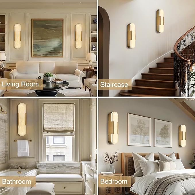 Alabaster Wall Sconces Set of 2,19.7'' Brass Wall Sconce Natural Marble Wall Sconce for Bathroom, Indoor Modern Wall Light Fixtures for Living Room Hallway Stairs Vanity Bedside, Gold