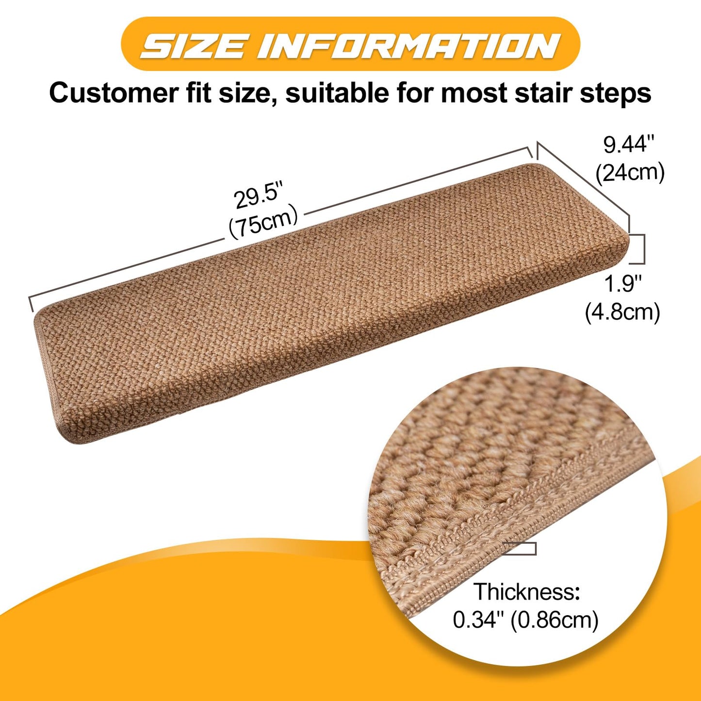 Hopeviva Bullnose Carpet Faux Sisal Stair Treads | Set of 14 | Stair Treads for Wooden Steps Indoor Anti Slip Braided Staircase Protector Pet Friendly Rugs Covers 9.44" X 29.5"x 1.9",Golden