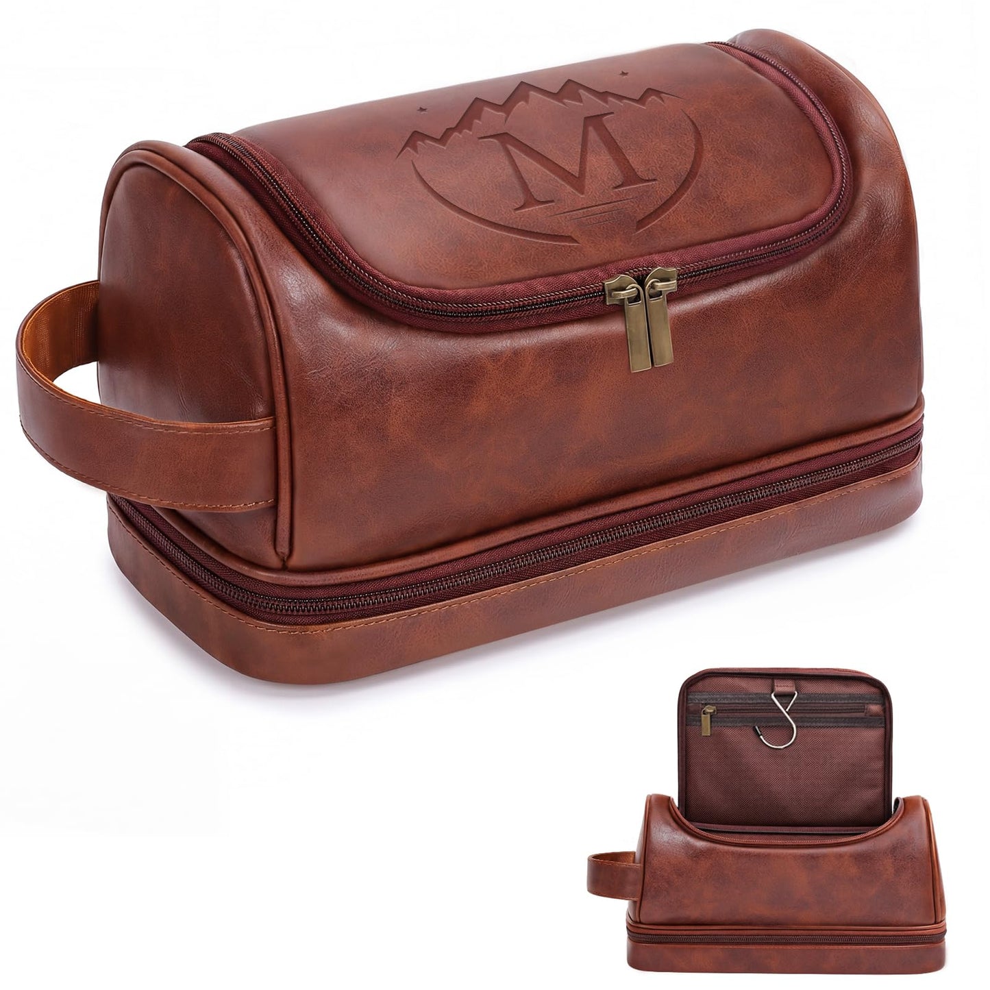 Ecttunafe Personalized Gifts Travel Toiletry Bag for Men, Engraved Monogrammed Initial PU Leather Waterproof Shaving Bag with Hook, Best Birthday Gifts Choice for Men Dad Husband Groomsmen Adults,M