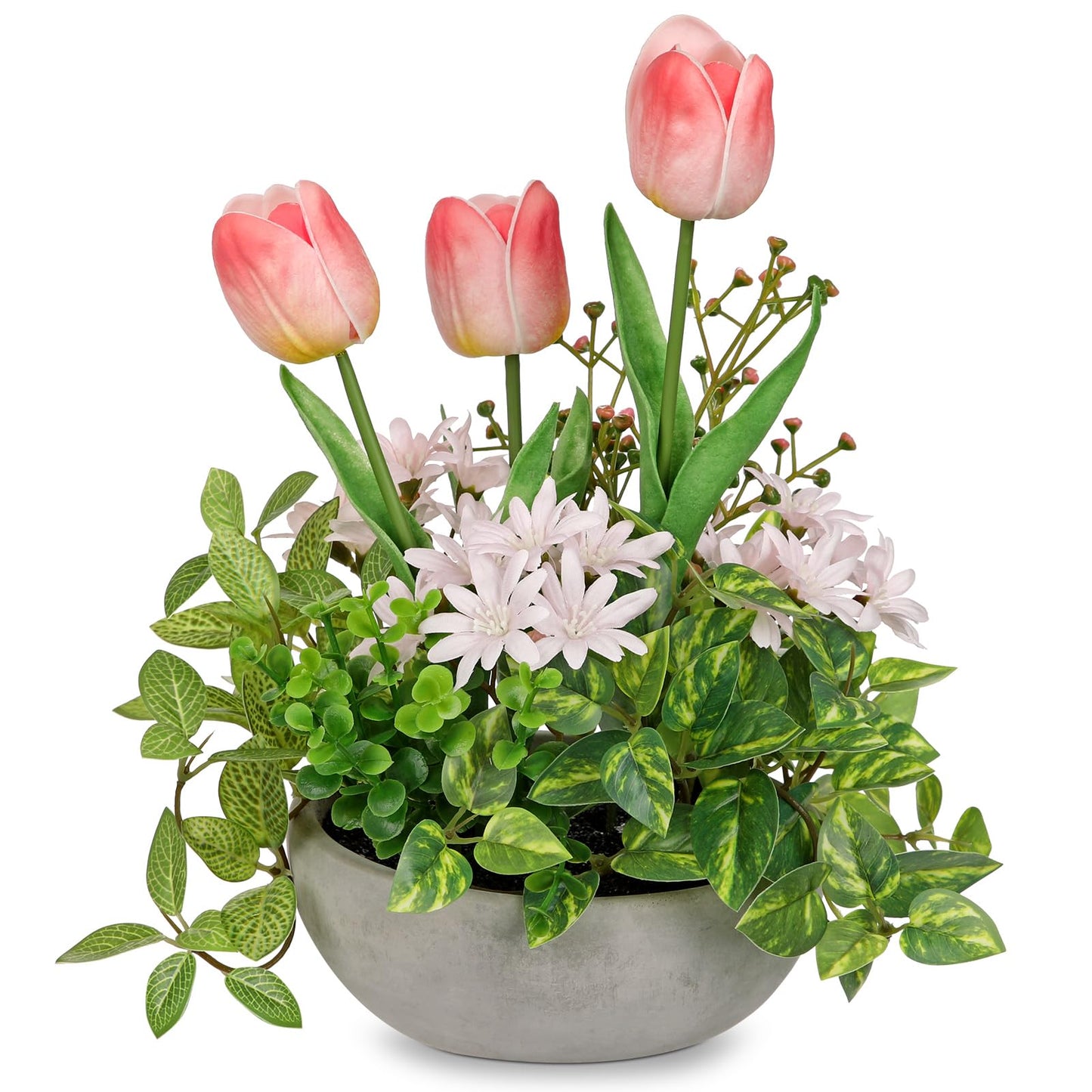 Flower Centerpieces 10.6" Artificial Plants & Flowers in Pot Mixed Artificial Tulip with Pink Flowers Green Plant, Realistic Farmhouse Flowers Arrangements for Table Office Desk Kitchen Home Decor