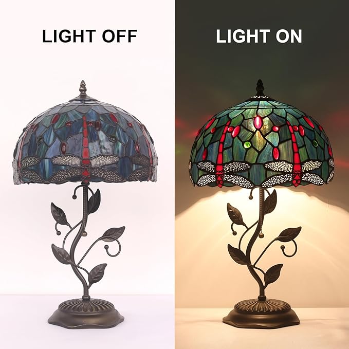Tiffany Style Table Lamp Handmade Stained Glass Bedside Lamp 12x12x20 inch Metal Leaf Base,Art Glass Lamp for Living Room, Bedroom, Office Decor(Red Dragonfly)