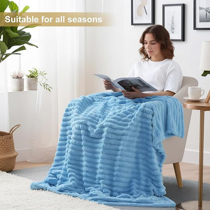 decorUhome Soft Fleece Blue Throw Blanket for Couch, Cozy Fluffy Plush Flannel Striped Blanket for Sofa Bed, Lightweight Decorative Ribbed Fuzzy Blanket for Woman, 50x60 Inches