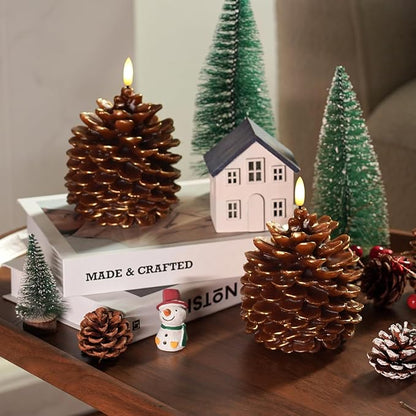 Homemory 2 Pcs LED Pine Cone Candles, Flameless Candles with 6H Timer, Battery Operated Flickering Candle, Real Wax Pinecone Candles for Christmas Indoor Decoration, Brown(D4.3 x H6 Inch)