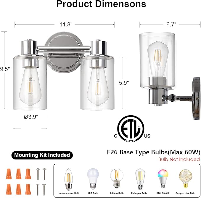 2 Light Bathroom Wall Sconce Light Fixtures with Clear Glass Bathroom Wall Lights Over Mirror Vanity Lights Chrome with E26 Base
