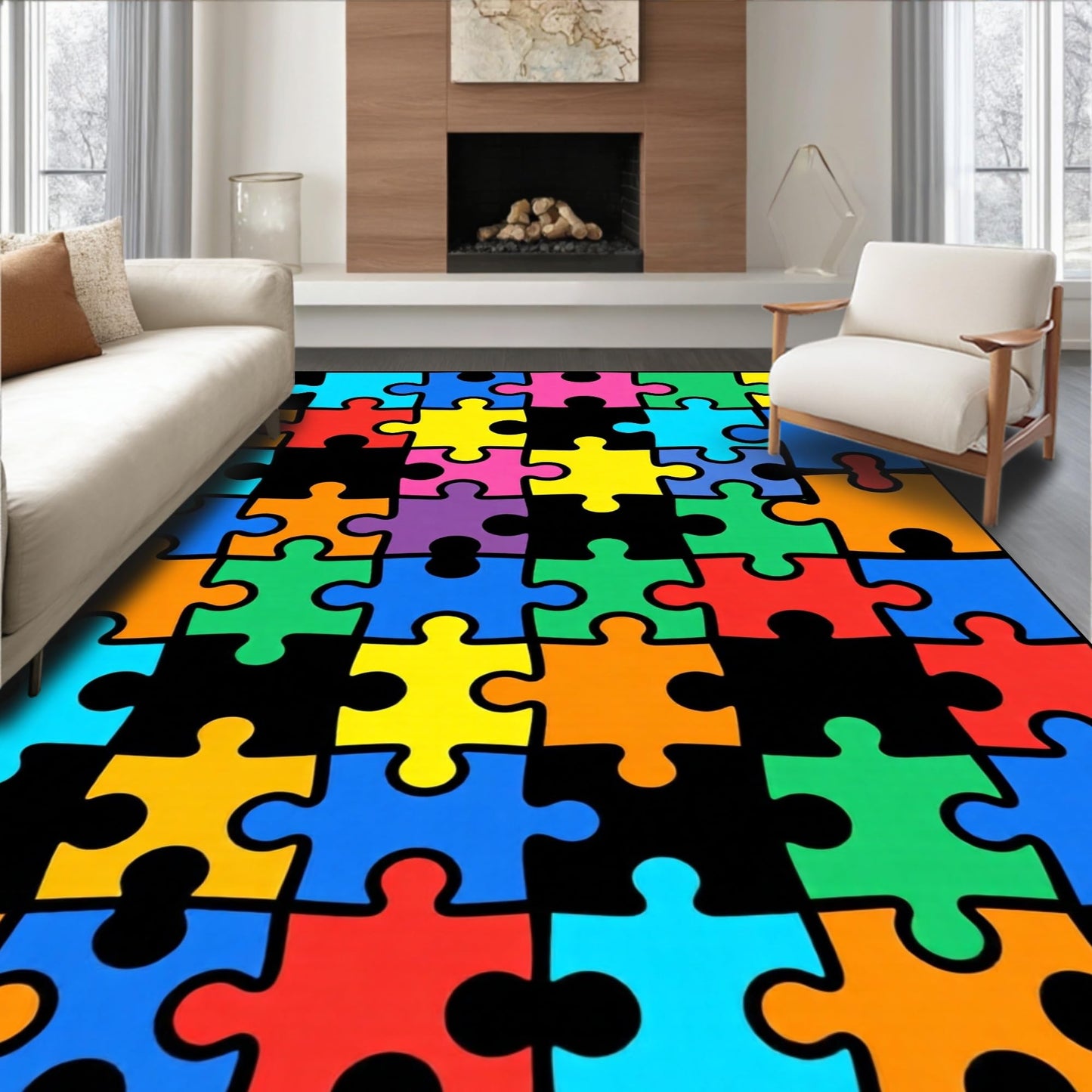 Design&I Low Pile Flatwoven Area Rug 8x10, Colorful Puzzle Mosaic with Interlocking Shapes and Bold Lines, Machine Washable, Stain Resistant Indoor Rug for Living Room, Bedroom, Non Slip(Blue, 8x10)