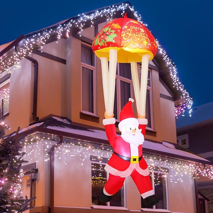 GOOSH 8.2 FT Hanging Christmas Santa Inflatables Decorations, Outdoor Parachute Santa Claus Blow Up Yard with Built-in LEDs for Outdoor Christmas Party Yard Garden Lawn Decor