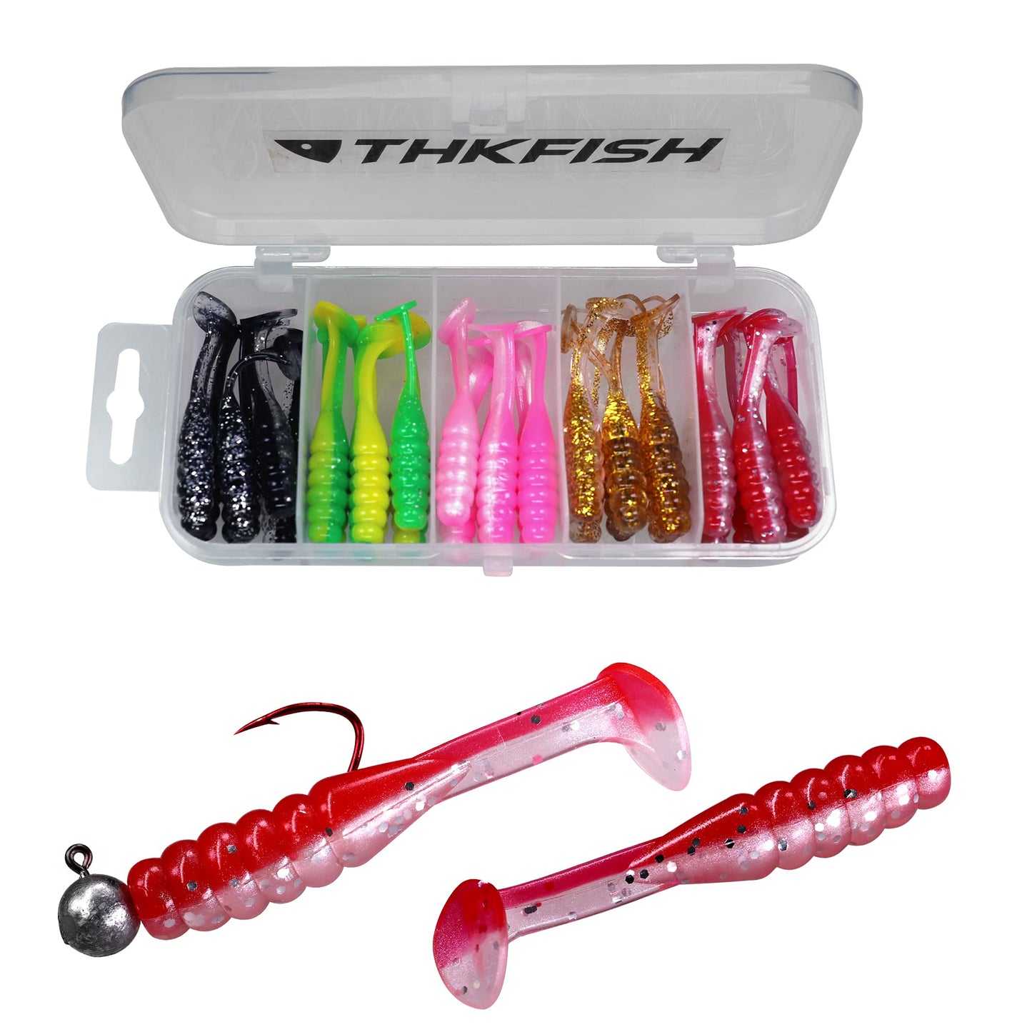 THKFISH 30Pcs Paddle Tail Swimbaits 2 INCH Bicolor Soft Plastic Fishing Lure Swim Baits for Crappie Bass Trout Mixed Color