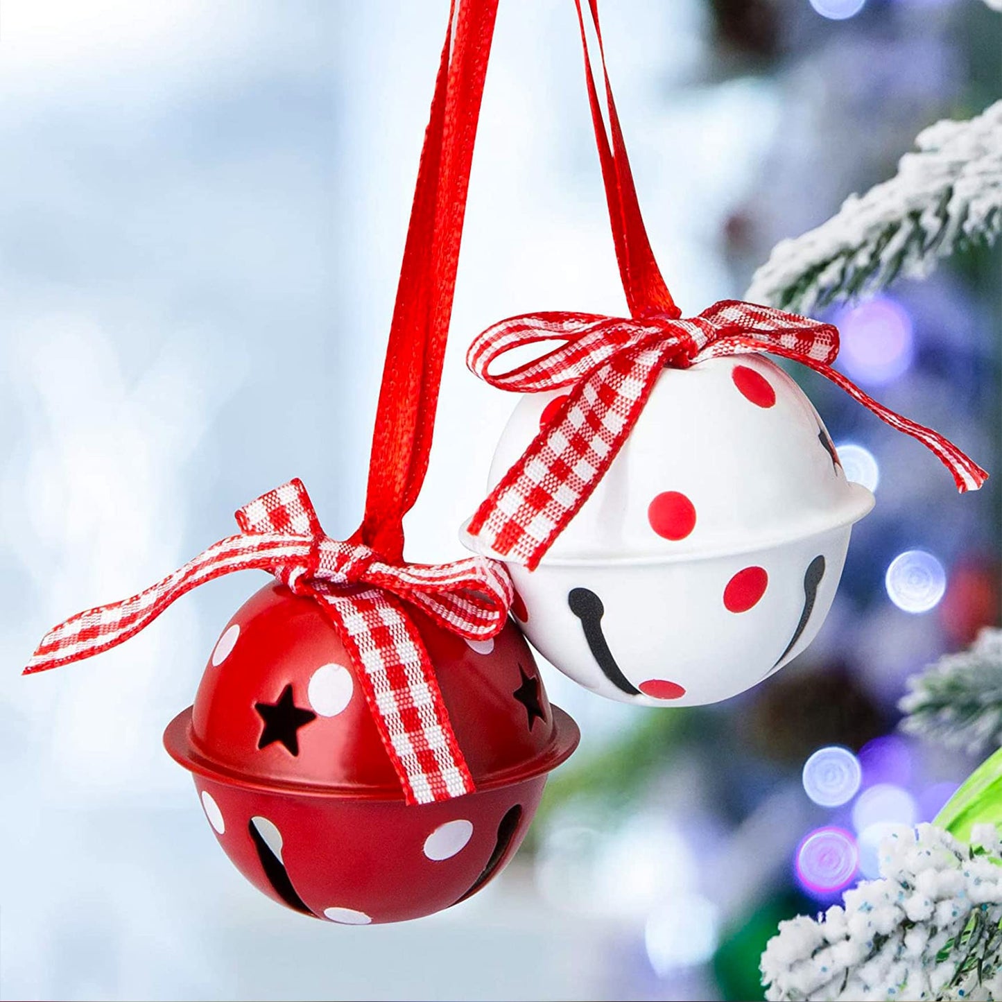 24 Pcs Christmas Jingle Bells 2" Star Cutouts Metal Decorative Bells with Ribbons Xmas Tree Ornaments for Wreath Festival Crafts Home Decorations