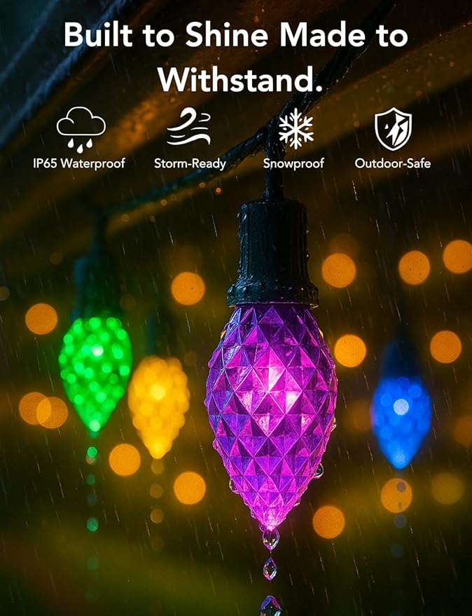 Smart C9 Christmas Lights Outdoor, 132FT 200 LEDs, RGB Color Changing String Lights with Music Sync & DIY, 108 Modes, App Controlled Waterproof Lights for Large House, Wedding, Halloween decorations