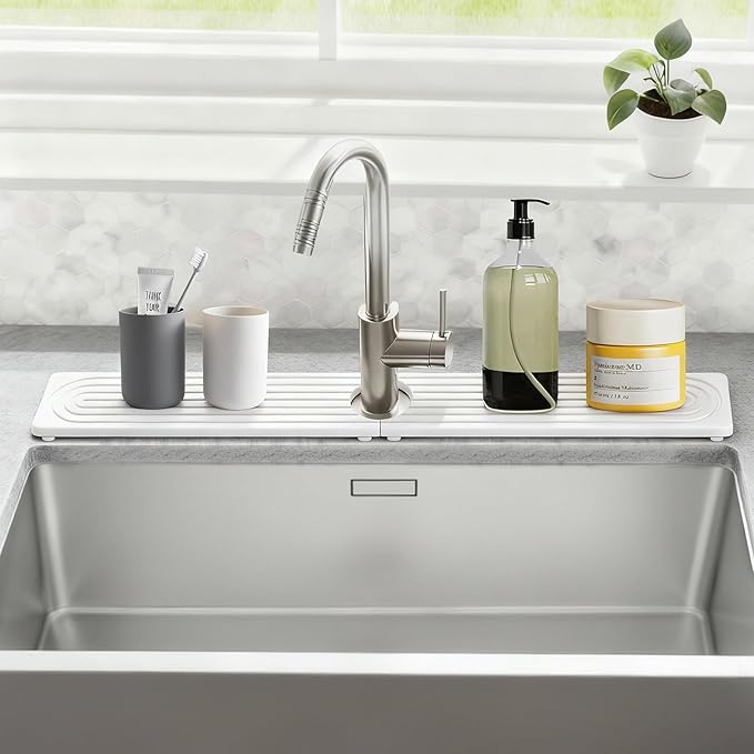 Stone Faucet Mat for Kitchen Sink, Silicone Faucet Handle Drip Catcher Tray Mat