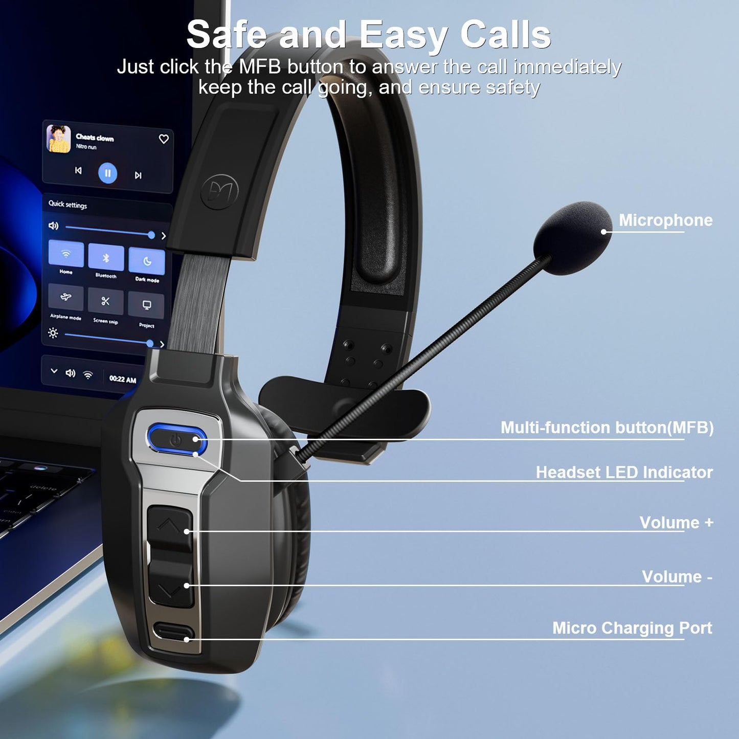 BRAMMAR Trucker Bluetooth Headset with AI Noise Cancellation Microphone, Trucker Headset with 65Hrs Talk Time & Mute Button, Multipoint Connection, Bluetooth Headsets Fit for Truck Drivers/Cell Phones