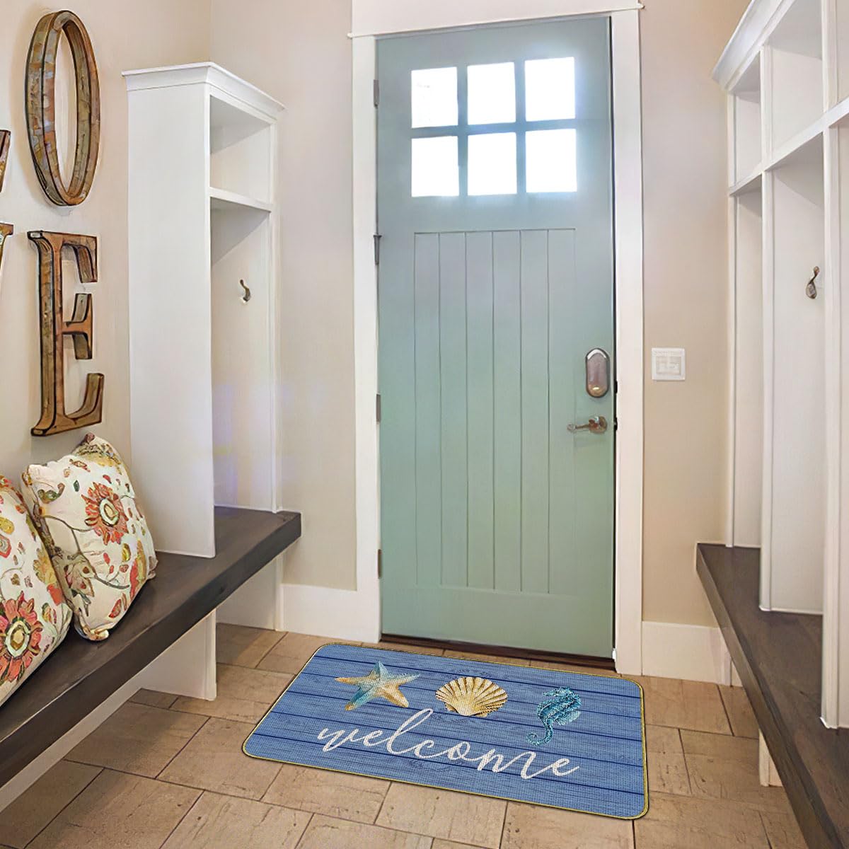 Mingnei Nautical Door Mat - Coastal Kitchen Home Doormat, Nautical Coastal Floor Beach House Front Indoor Entryway Rug 30x17 Welcome Door Mats(Light Blue)