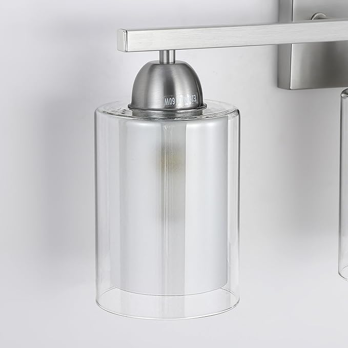 Stainless Steel Bathroom Vanity Light Over Mirror, 2 Light Brushed Nickel Bathroom Light Fixtures with Milk Glass and Clear Glass Shades, Modern Vanity Lighting Wall Mount