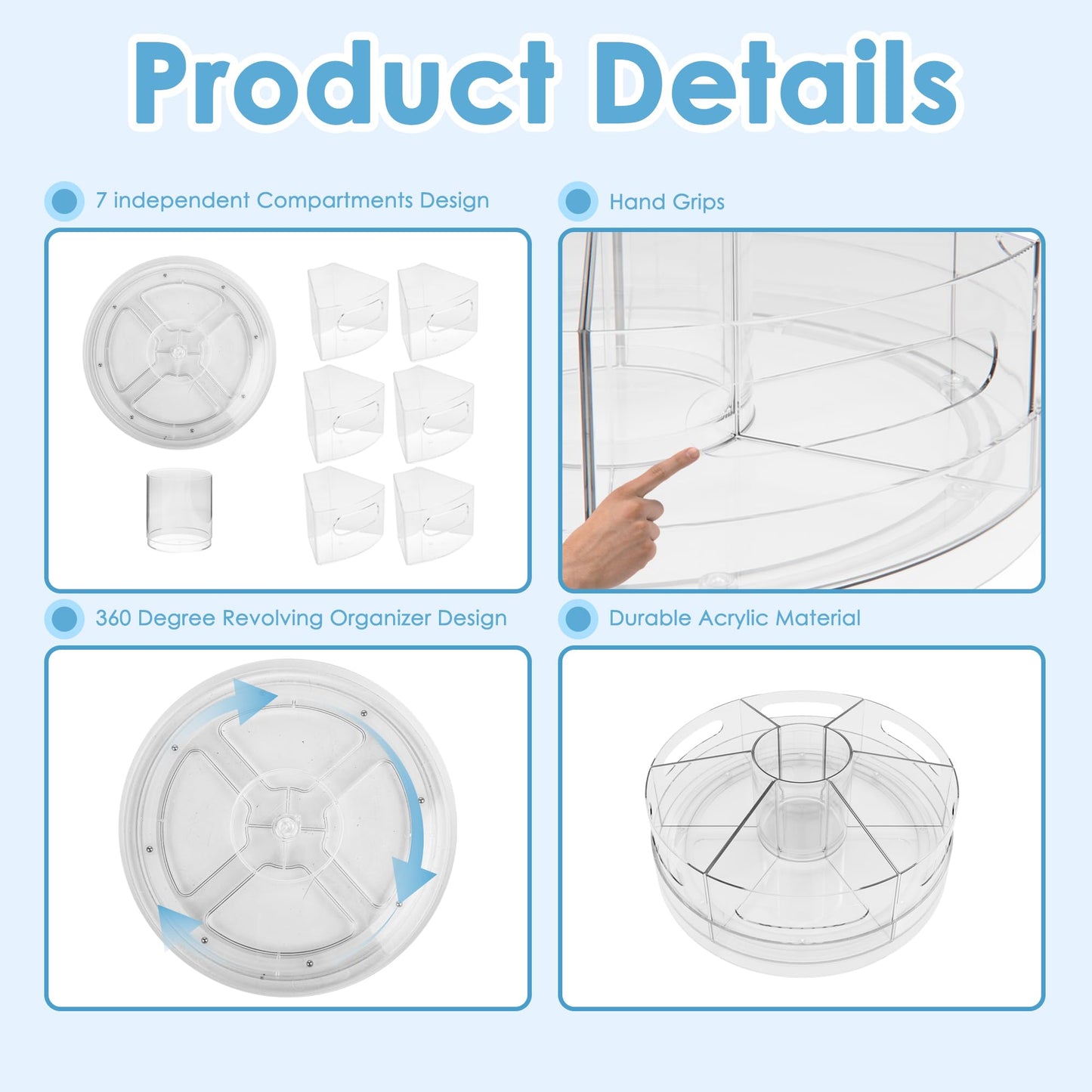 CraftGenes Rotating Desk Organizer, 360° Acrylic Pen Organizer for Desk with 7 Removable Compartments, Extra-Large Pen Holder for Office Supplies, Markers, and Art Supplies, Clear Pencil Holder